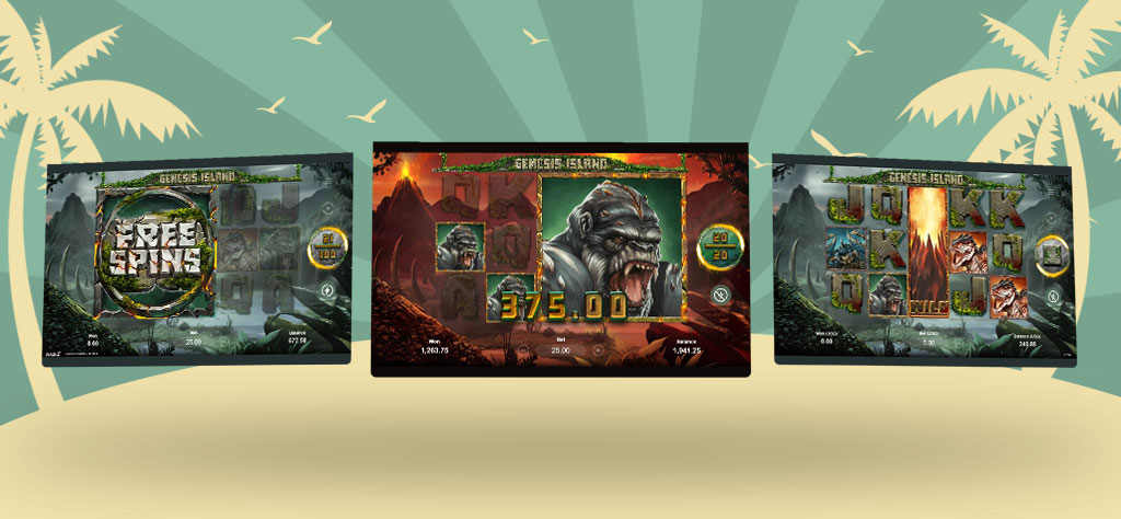 Cafe Casino’s Genesis Island slot on three tablet devices.