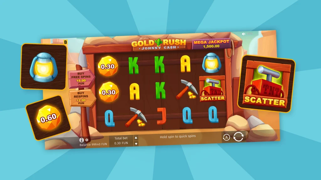 Gold Rush Johnny Cash game screen against an aqua background.