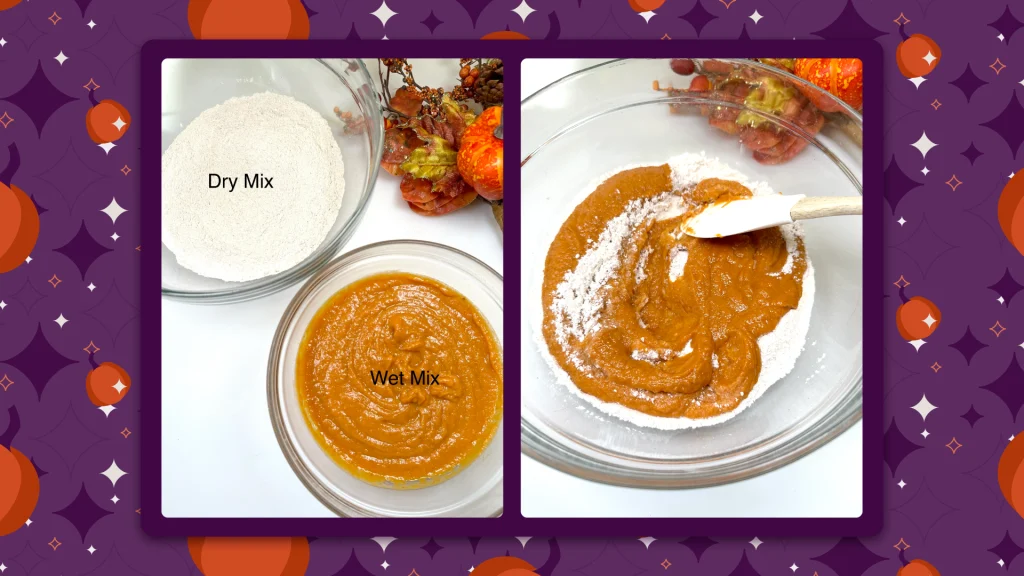 Wet and dry ingredients for the pumpkin muffins recipe sit in large glass bowls. 