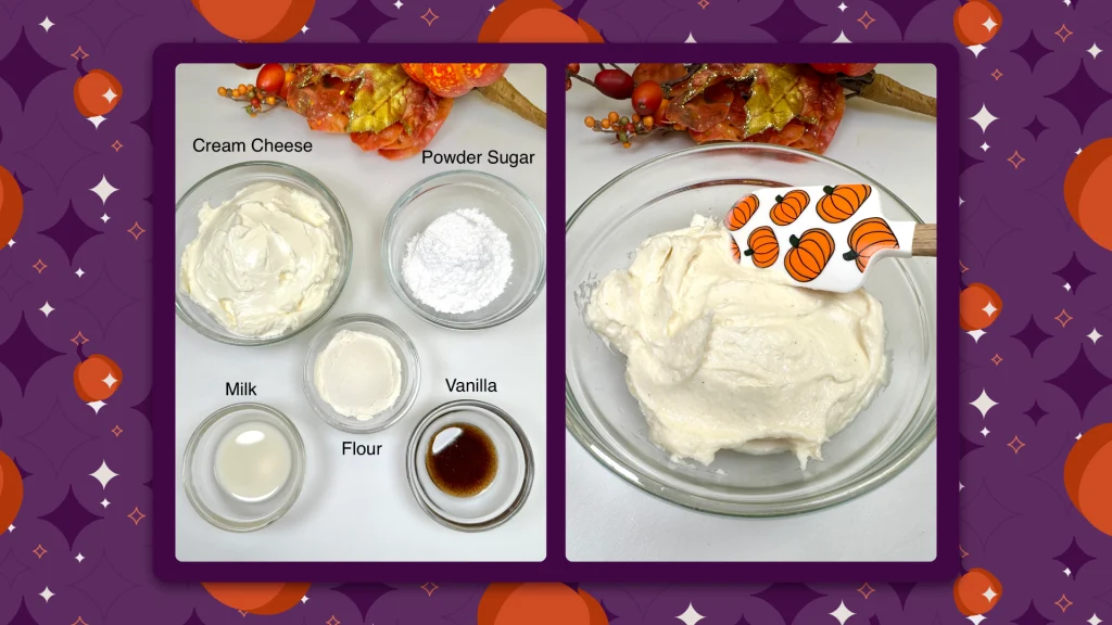 Ingredients for the pumpkin muffins recipe sit in labelled glass bowls on the left; with the mixed ingredients in a bigger bowl on the right.