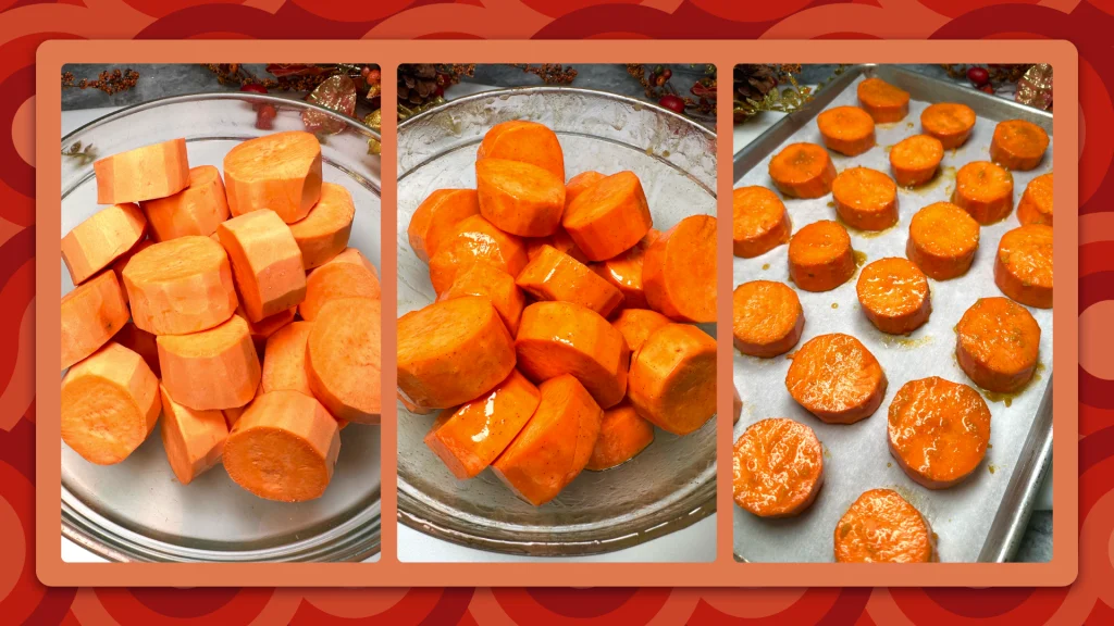 Ingredients for the Thanksgiving 2023 side dish, sweet potato bites, including sweet potatoes cut and placed in bowls and on a sheet pan.