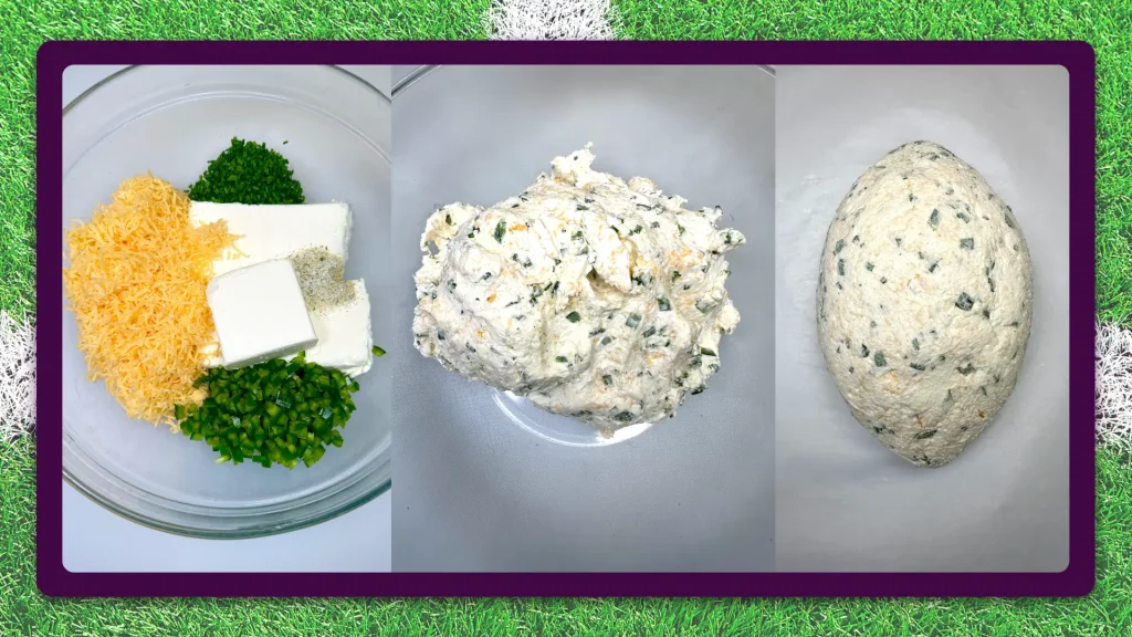 Grated cheddar cheese, jalapeños, and cream cheese in a bowl on the left, and molded into a football shape on the right. 