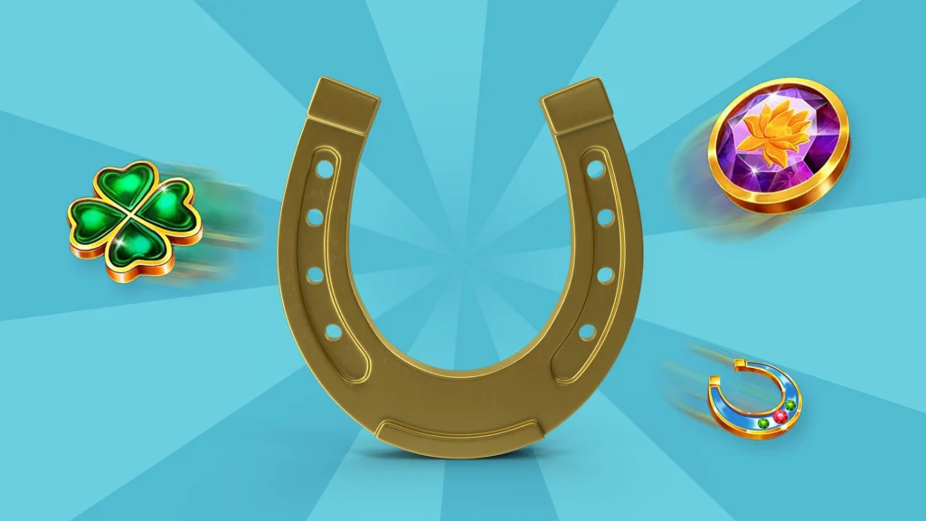 An upside down golden horseshoe and Irish-themed slot symbols on a two-tone blue background. 