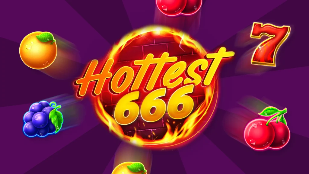 The logo for the Cafe Casino online slot, Hottest 666, surrounded by 7’s, cherries, and fruits.