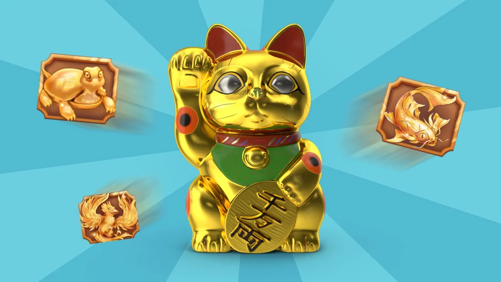 A Maneki-Neko Cat featured alongside East Asian slot symbols on a two-tone blue background. 