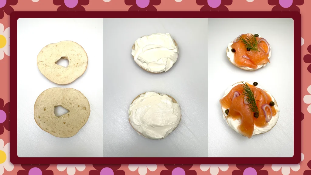 An image of a mini-bagel with lox shown in three stages of preparation. Bare bagel, topped with cream cheese, then salmon, shallots, and dill added.