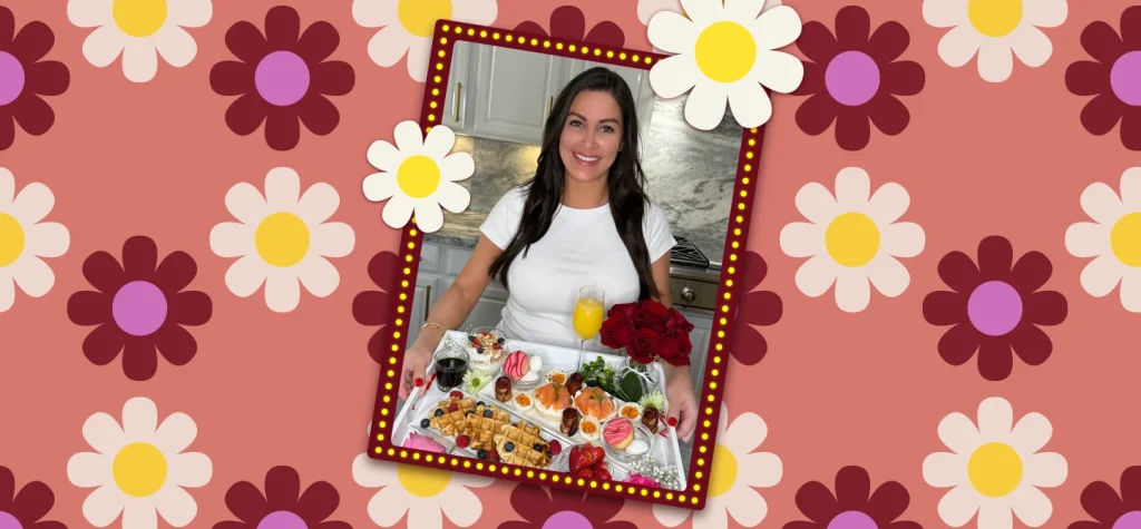 Woman in white shirt holding breakfast platter, framed on floral background.