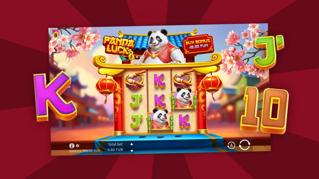 Gold coins float around a panda within a bamboo frame and it’s all on top of a dark red background. 