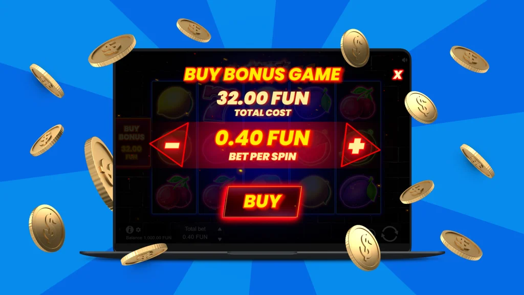 There’s a blue background and a slot game on a desktop showing a Buy Bonus Game and it’s all surrounded by floating gold coins.