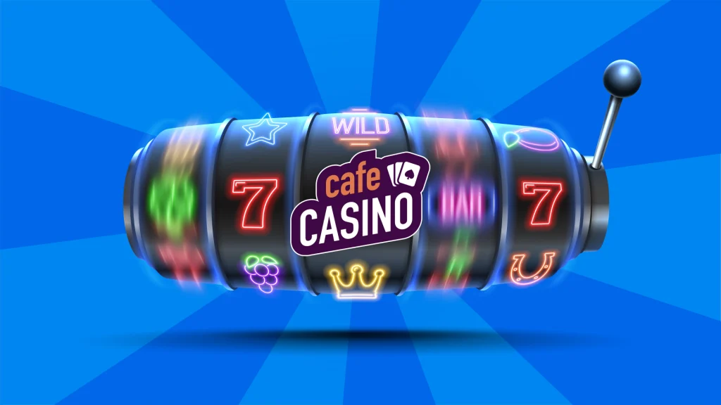 A one-armed bandit slot machine spins with five reels and it says ‘Cafe Casino’ in the middle, all over a blue background.