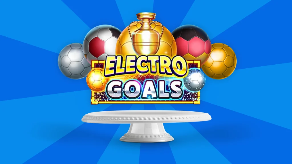 There are four soccer balls on either side of a golden soccer ball and a gold cup. Text that says ‘Electro Goals’ is above a white cake tray. 