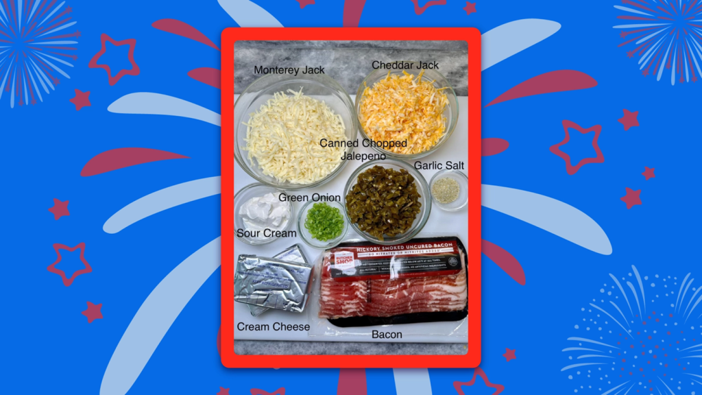 Assorted ingredients laid out against a  Blue background with red and white fireworks bursting in 